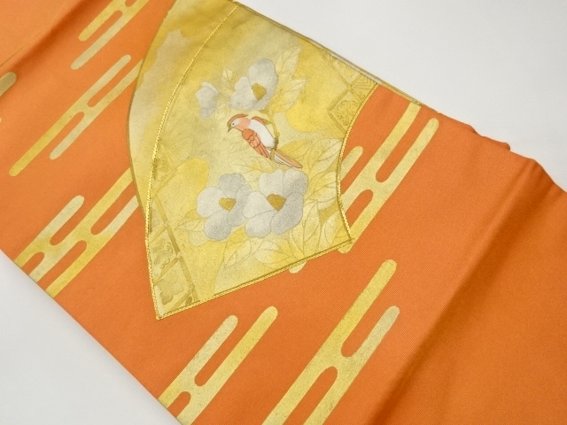 リサイクル　金彩金駒刺繍地紙に花鳥模様名古屋帯